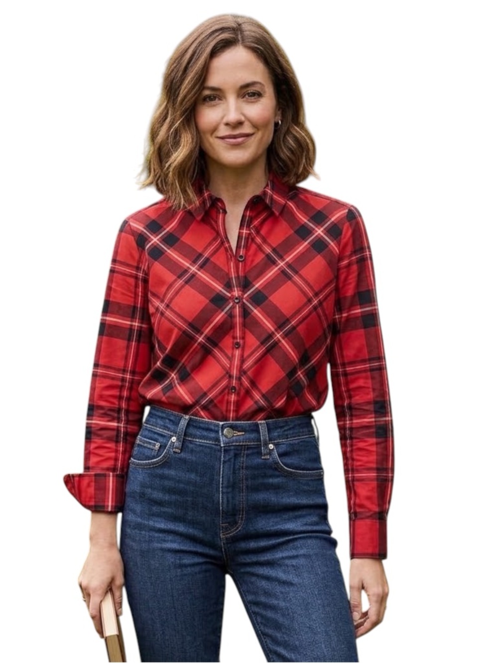 Foxcroft Red Plaid Wrinkle Free Shaped Long Sleeve Button Down Shirt size 12P